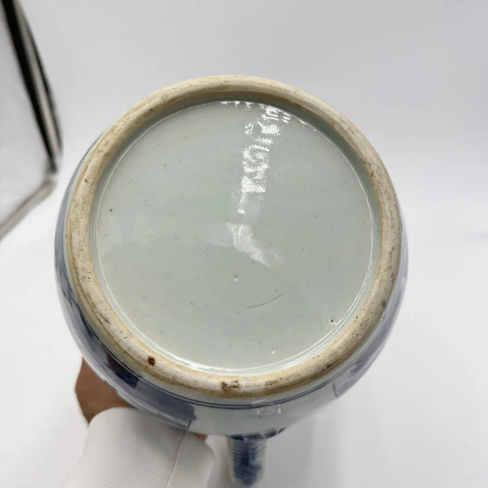 Antique Chinese Blue & White Canton Export Porcelain Large Pitcher 9”H x12” L